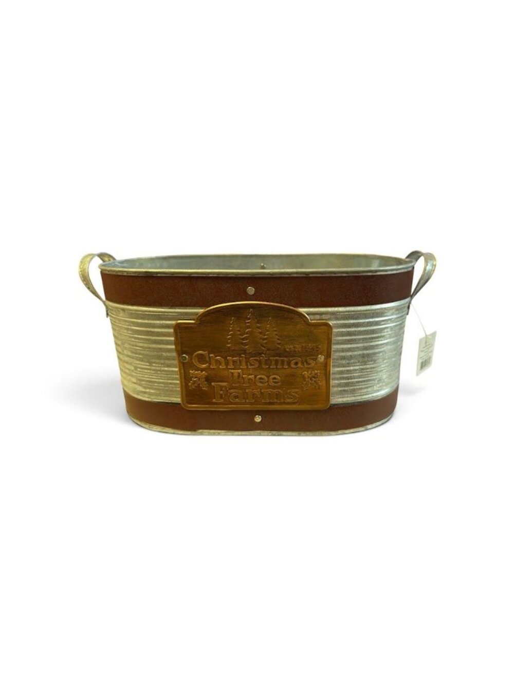 LG Oval Galvanized Metal Tub With Handles & Decorative "Christmas Tree Farms" Pl